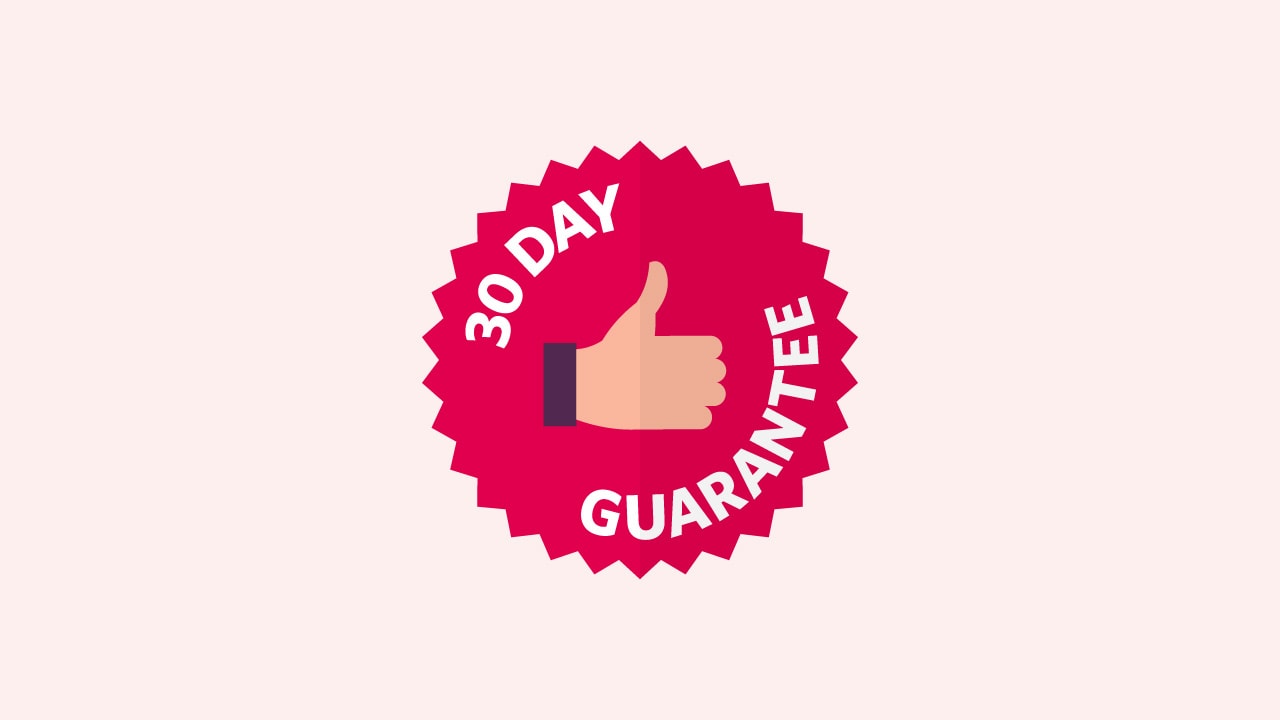 A 30-day guarantee stamp with a hand showing thumbs-up