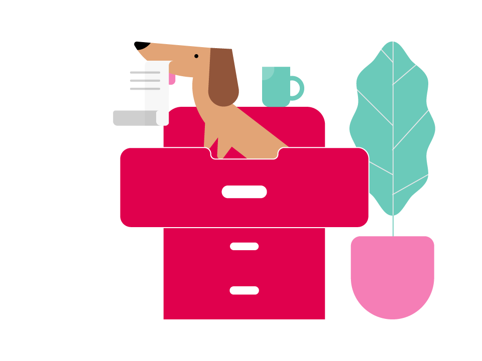 An illustration of a dog sitting on a filing cabinet, next to a pot plant.