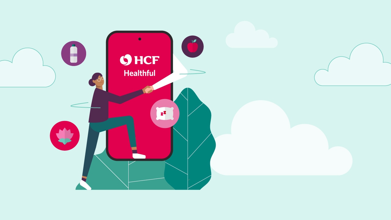 An illustration of a person standing next to a giant phone with the HCF healthful app display on it.