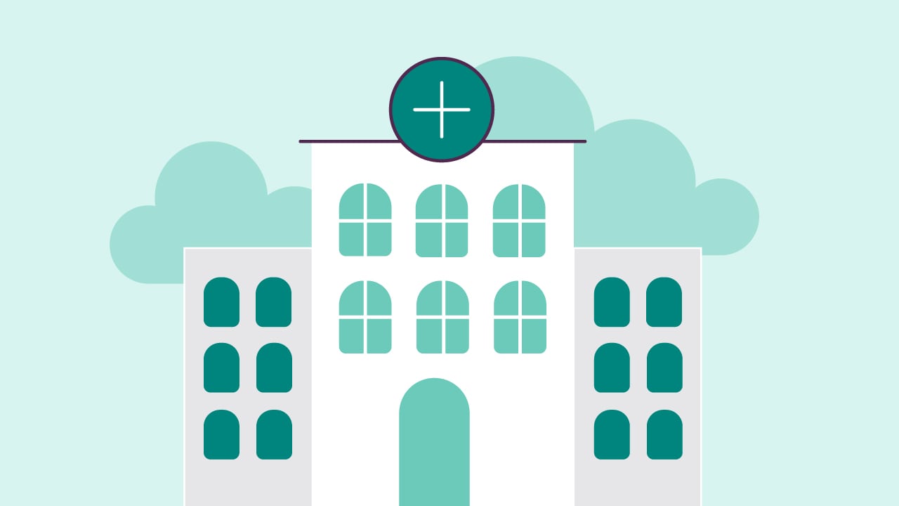 A illustrated hospital with a teal background.