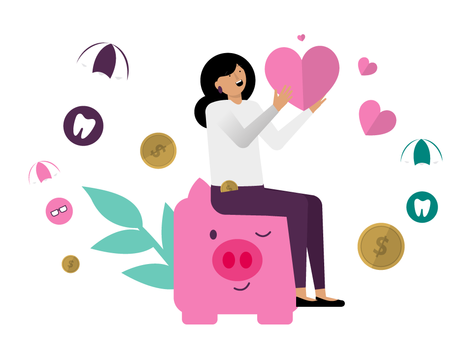 An illustration of a woman sitting on a piggy bank with icons spinning around. Each icon represents a health insurance extra.