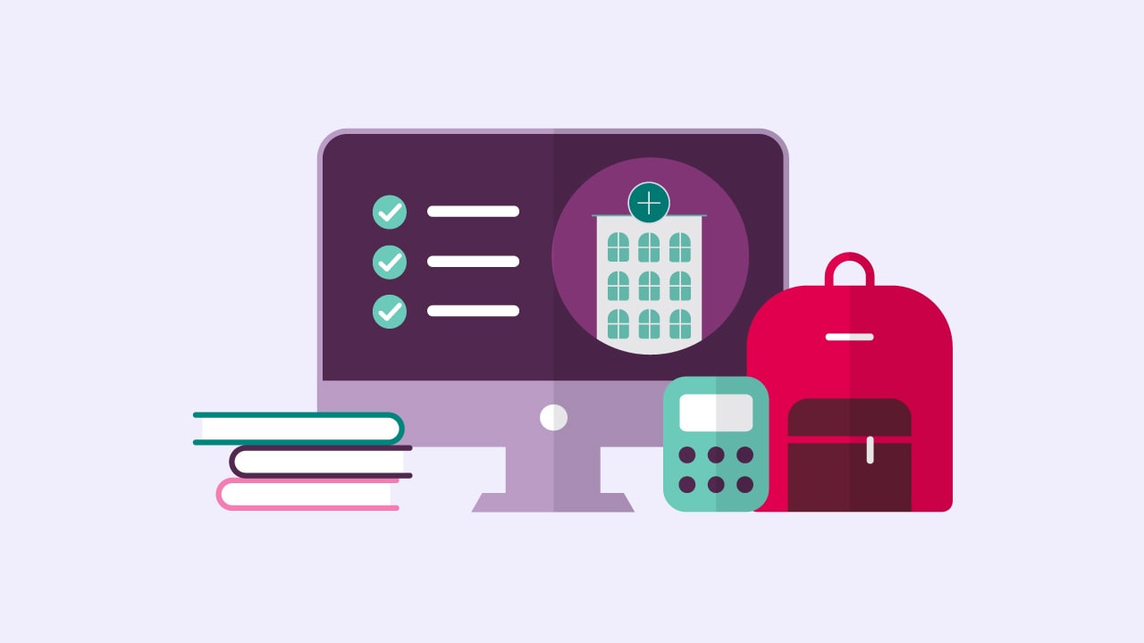 An illustration of a computer screen next to a pile of books a a backpack with a purple background.