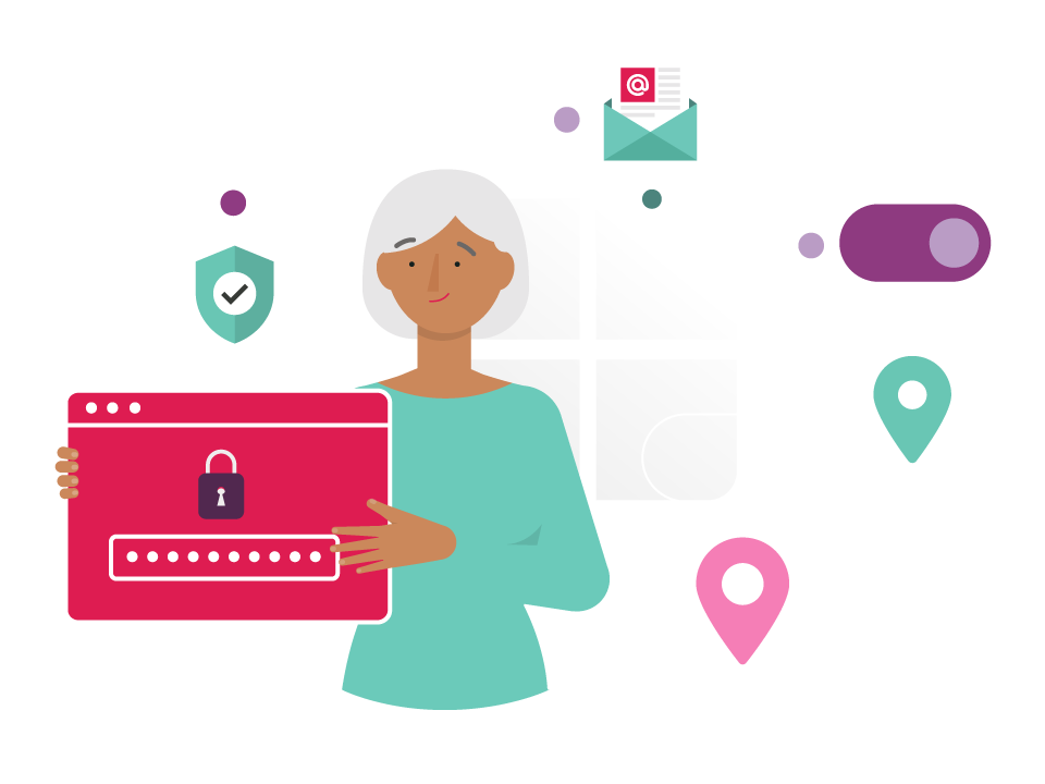 An illustration of a woman holding a secure log-in page with digital icons floating around her, each icon representing a health insurance extra.