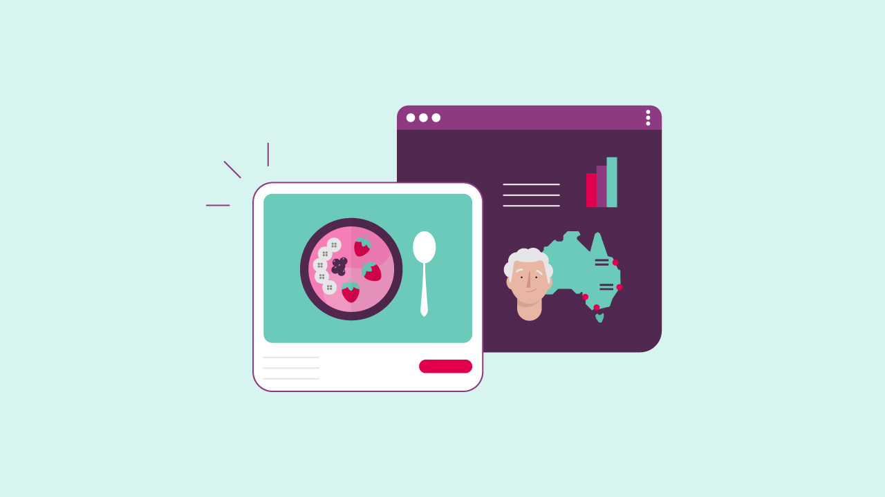 An animated browser with an acai bowl recipe in front of a browser with healthcare insurance insights.​  