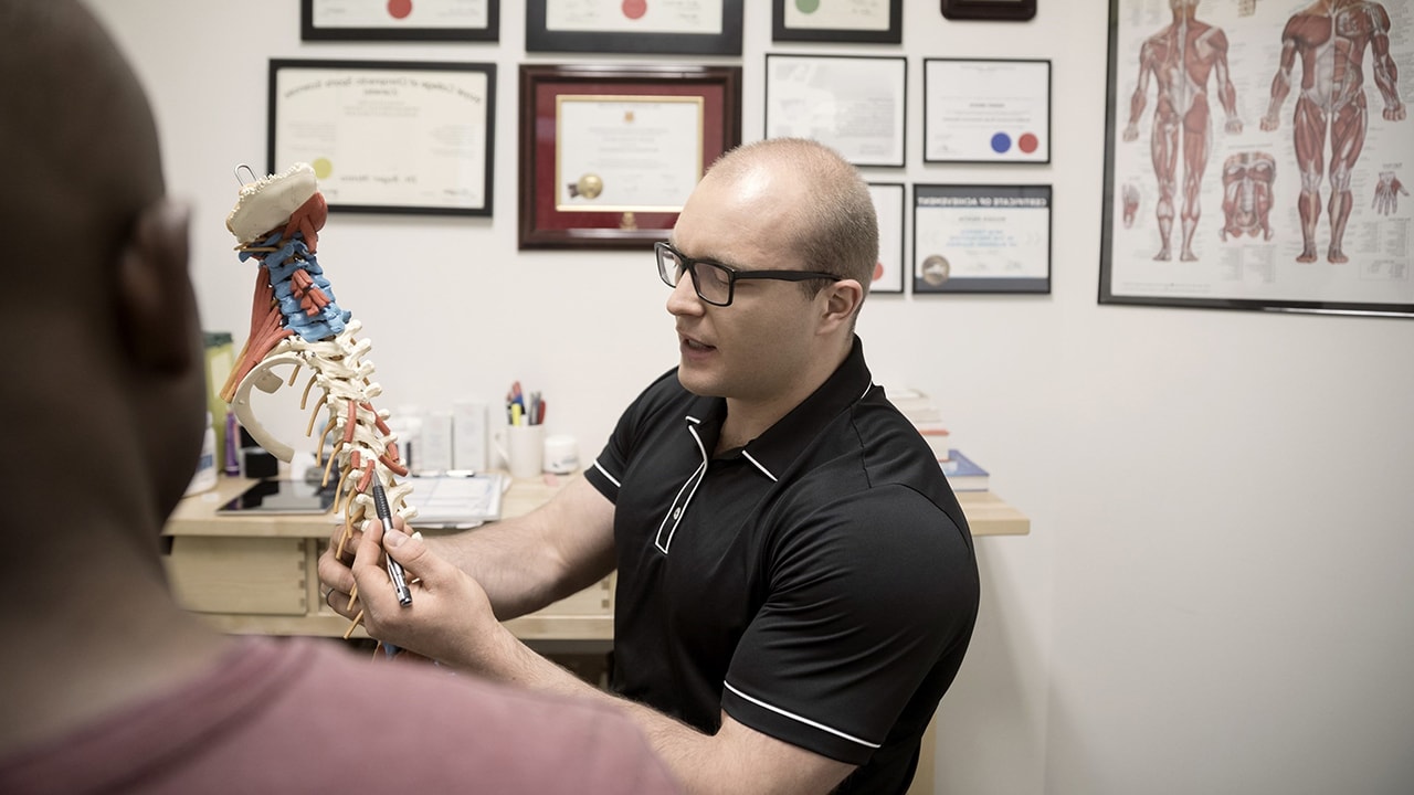 A man showing another person and pointing at a spinal column model in an office.